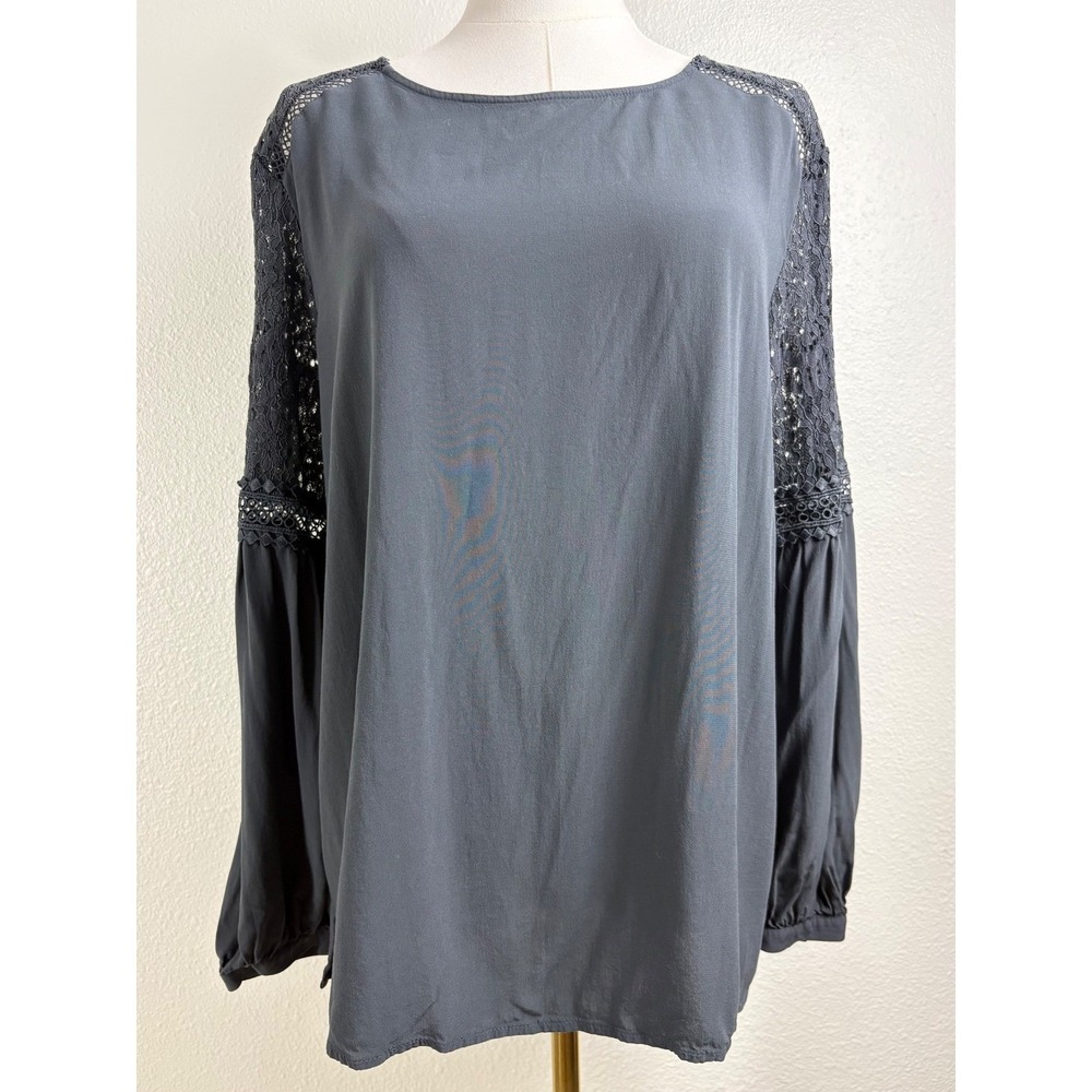 Loft Charcoal Grey Gray Lace Long Sleeve Blouse Boho Peasant Top Large Cottage